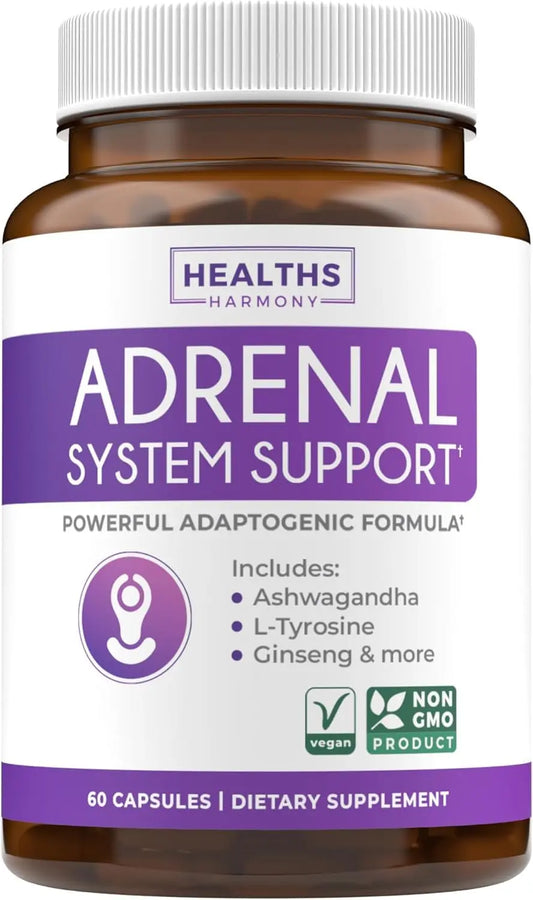 Adrenal System Support & Cortisol Manager (2 Month Supply) Powerful Ashwagandha & L-Tyrosine Fatigue Supplement - Maintain Balanced Cortisol Levels, Health, & Stress Relief - Non-GMO - 60 Capsules Healths HarmonyAU supplements