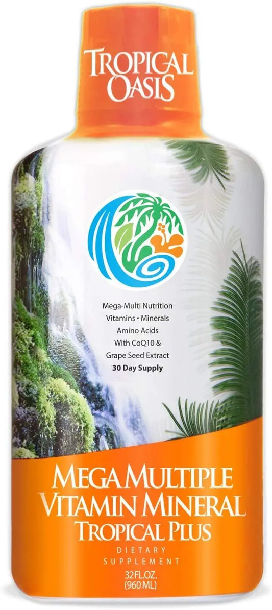 Tropical Oasis Mega Plus - Liquid Multivitamin and Mineral Supplement – Includes 85 Vitamins & Minerals, 20 Amino Acids + CoQ10, Grape Seed Extract & Organic Aloe Vera - 32oz, 32 Servings, 33460 Tropical OasisAU supplements