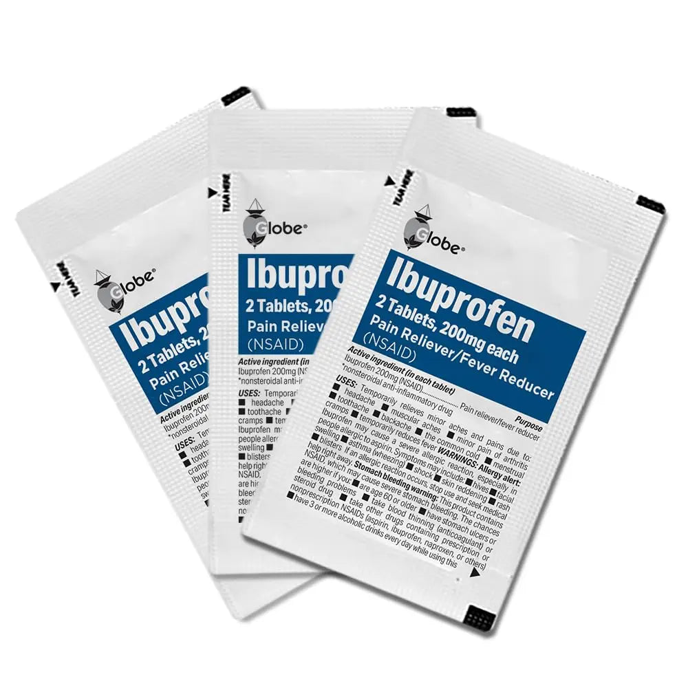 Globe Ibuprofen Tablets, 200 mg, Pain Reliever and Fever Reducer, for Headache, Muscular Aches, Arthritis, Backache and More 50 Packets of 2 Tablets Each,100 Tablets Trifecta Pharmaceuticals USA Au supplements