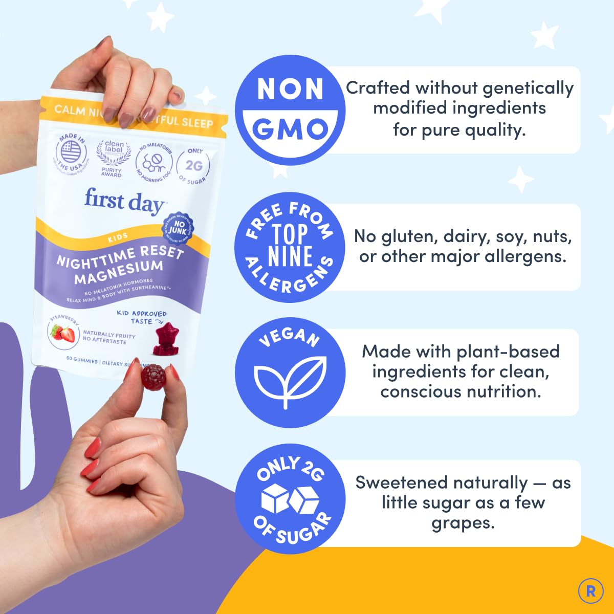 FIRST DAY Kids Magnesium Citrate Gummies (Ages 4+) with No Melatonin | Calm Kids Magnesium Gummies | Bedtime Supplement for Better Sleep with Suntheanine FIRST DAYUS supplements