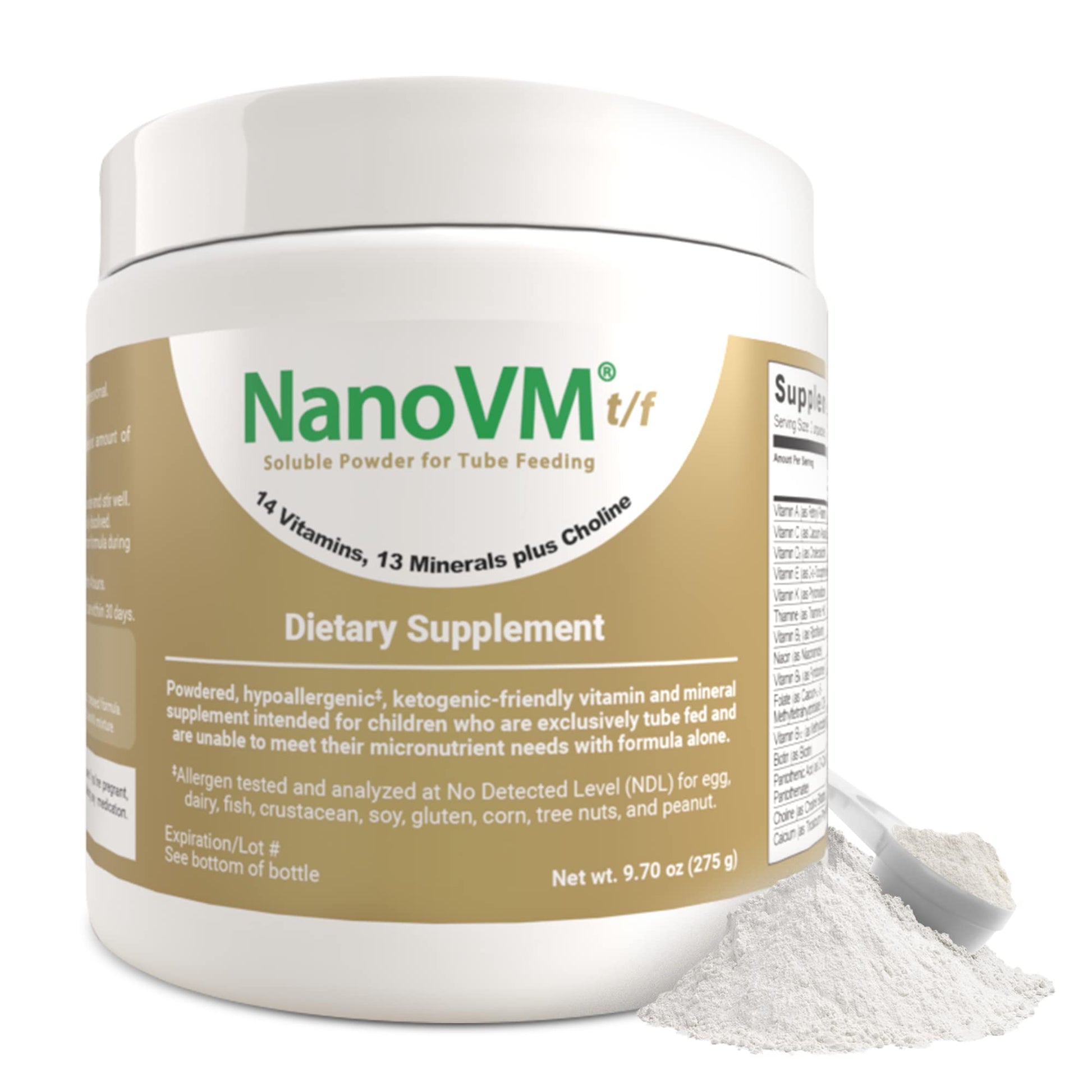 NanoVM t/f, Dietary Supplement for Tube Feeding, Allergen-Free Kids Multivitamin, Unflavored Vitamin Powder with 14 Vitamins & 13 Minerals, Low-Carb Kids Vitamins, 275g - Solace Nutrition NanoVM Au supplements