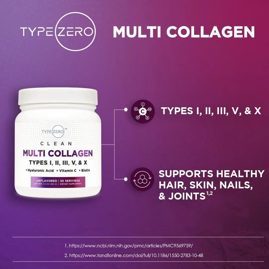Type Zero Multi Collagen Powder 30 Servings (Unflavored) - Types I, II, III, V, & X Collagen Peptides + Hyaluronic Acid, VIT C, Biotin Type Zero Au supplements
