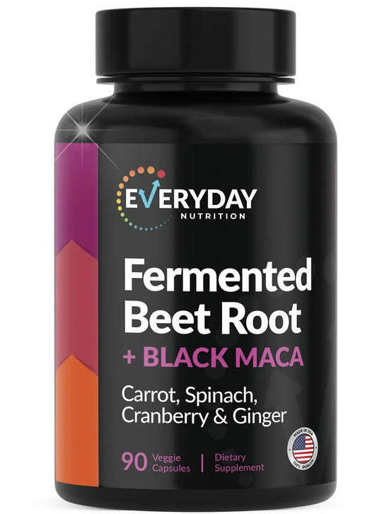 EVERYDAY NUTRITION Organic Fermented Beet Root & Black Maca Capsules with Carrot, Spinach, Cranberry & Ginger | Superfood for Energy, Stamina & Wellness | 90 Veggie Capsules | Made in USA EVERYDAY NUTRITIONAU supplements