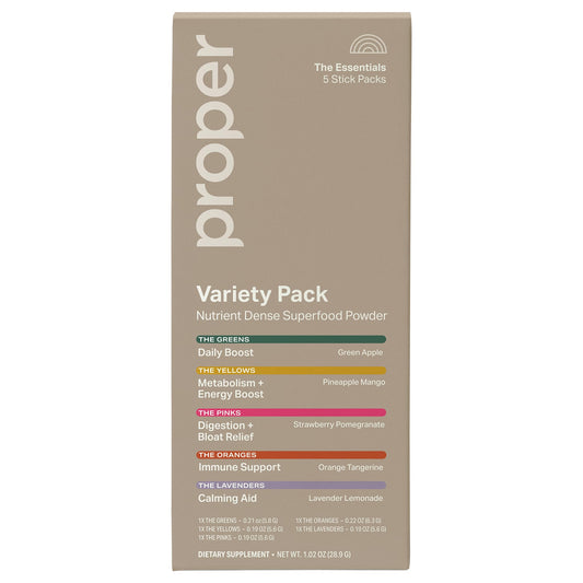 Proper The Essentials Super Foods Powder 5-Stick Variety Pack - Super Greens, Gut Health, Metabolism & Energy, Calm Magnesium Powder & Immune Support Supplement Packs ProperAu supplements