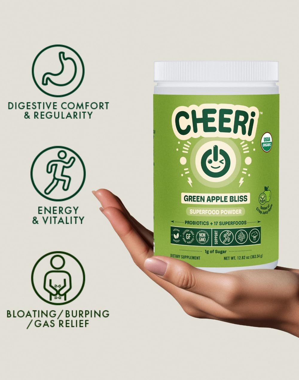 Cheerific Crisp Apple Greens Superfood Powder - 20+ Organic Superfoods + Prebiotic & Probiotics + More - Keto Friendly - Supports Positive Mood, Gut Health - Vegan, Gluten Free, Non-GMO - 30 Day Cheerific Au supplements