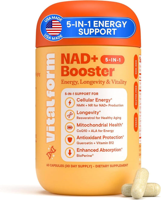 VitalForm NAD+ Supplement with NMN & Nicotinamide Riboside (NR) – Advanced Cellular Energy & Healthy Aging Complex – with Resveratrol, CoQ10, Quercetin & BioPerine – 60 Vegan Capsules VitalFormBuy Supplements Australia