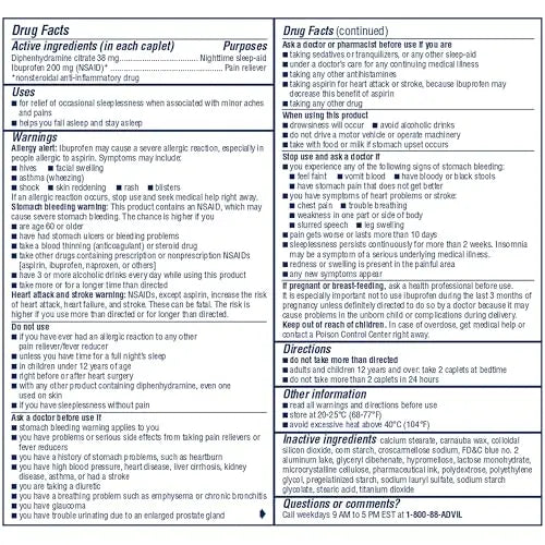 Advil PM Pain Reliever and Nighttime Sleep Aid, Pain Medicine with Ibuprofen for Pain Relief and Diphenhydramine Citrate for a Sleep Aid - 50x2 Coated Caplets Advil Au supplements