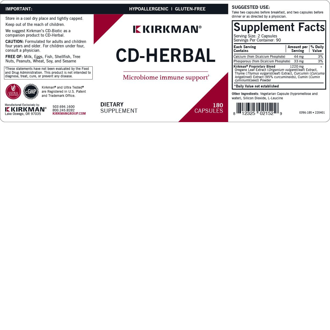 Kirkman CD-Herbal - Hypoallergenic -180 Vegetarian Capsules Kirkman Au supplements