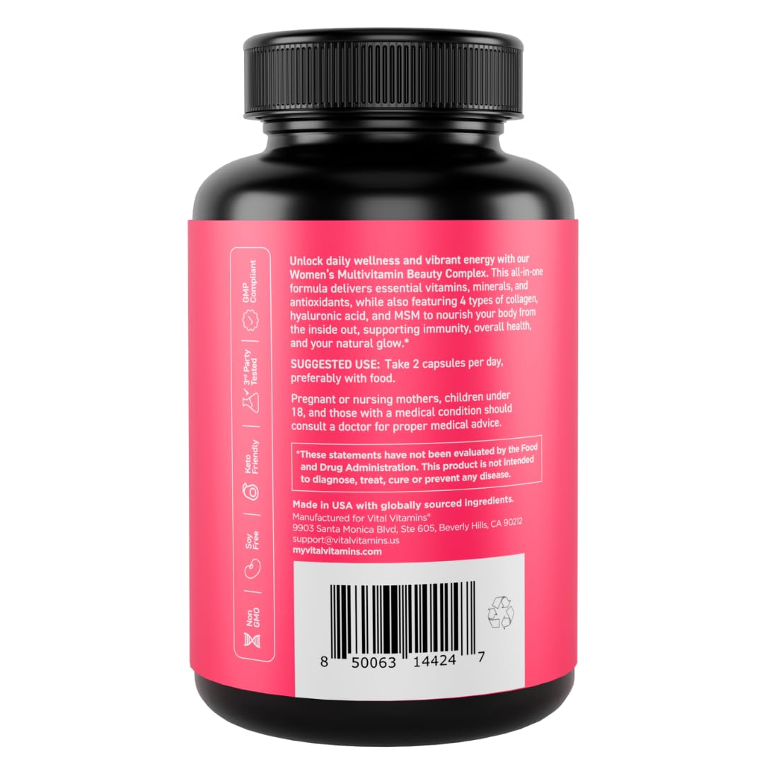 Vital Vitamins Women's Multivitamin Complex - Made with Multi-Collagen Blend, Hyaluronic Acid, & MSM - Beauty Multivitamins - with Vitamin A, C, E, B6, B12, D3-60 Capsules Vital Vitamins Au supplements