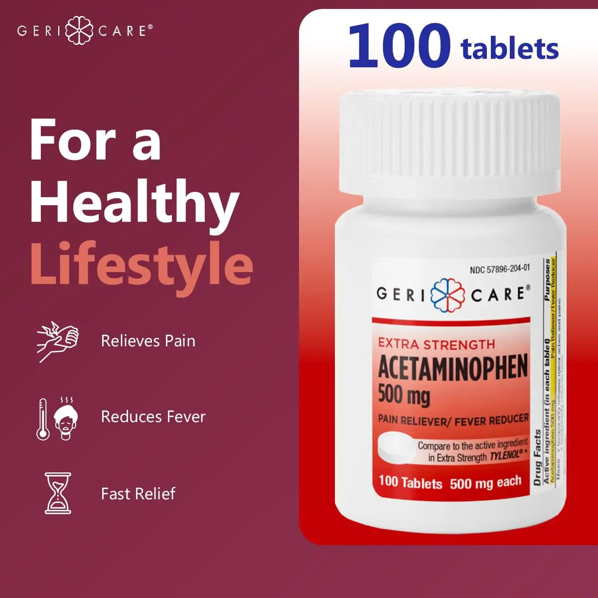 GeriCare Extra Strength Acetaminophen Pain Relief Fever Reducer Tablets, Strength 500mg Tablet | Joint, Muscle, Arthritis, Back Pain, Body Pain Relief, 100 Count (Pack of 2) GeriCare Au supplements