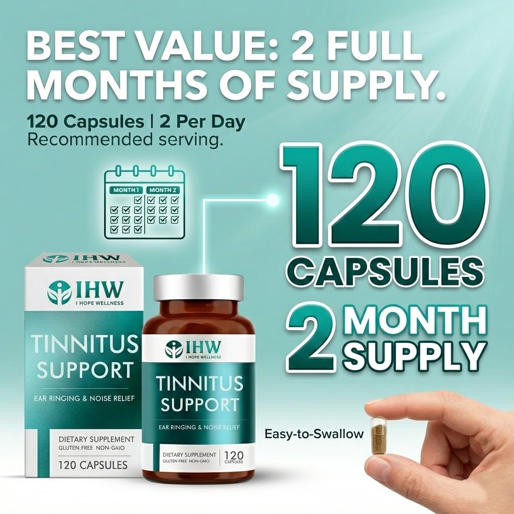 IHW Tinnitus Relief for Ringing Ears, 1200mg Tinnitus Relief Supplement, 120 Capsules, with Vitamin B Complex & C, Reduces Ringing in Ears, Promotes Hearing Wellness & Comfort IHW Au supplements