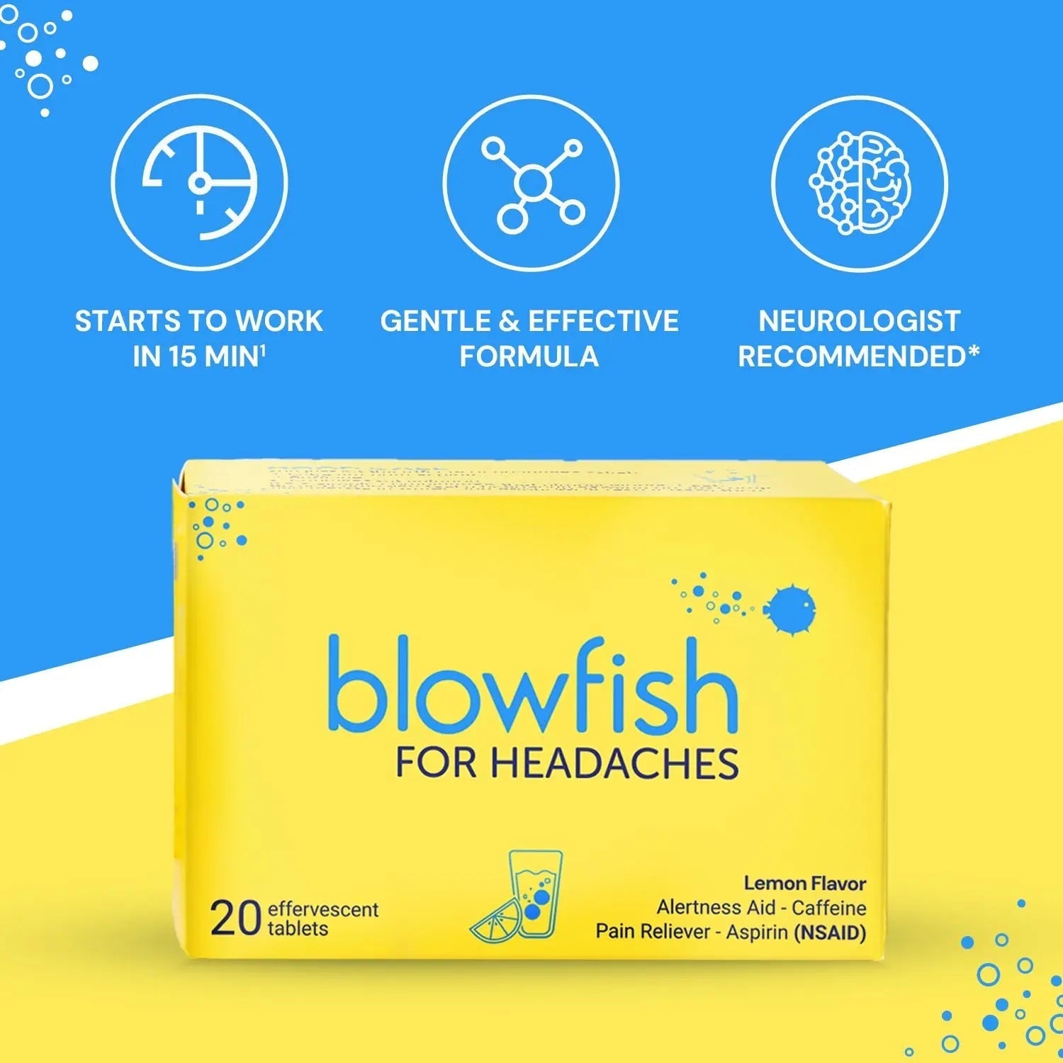 Blowfish for Headaches | Maximum Strength Effervescent Pain Relief Tablets – Treats Headaches Fast, 2X Faster Than Pills – Lemon Flavor (2 Pack) Blowfish Au supplements