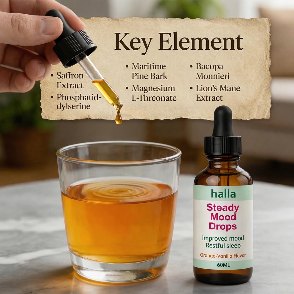 Halla Steady Mood Drops, with Saffron Extract – Fast Absorption Cognitive & Emotional Balance Supplement – Advanced Brain Nutrient Blend – Orange Vanilla Flavor, 2 fl oz DFTLUUE Au supplements