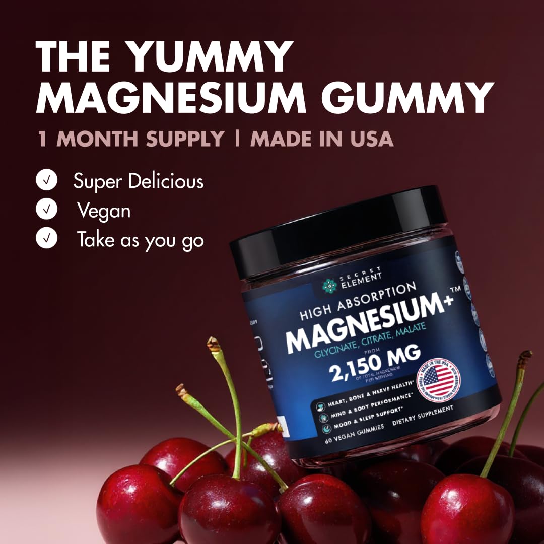 Magnesium Gummies 3in1 - Glycinate, Citrat, Malate 2150 MG High Absorption Supplement, Sugar-Free, Vegan, Chews for Men & Women, Inspired by Wellness Traditions Like Arjuna, 60 Gummies, Cherry Flavor Secret Element Au supplements