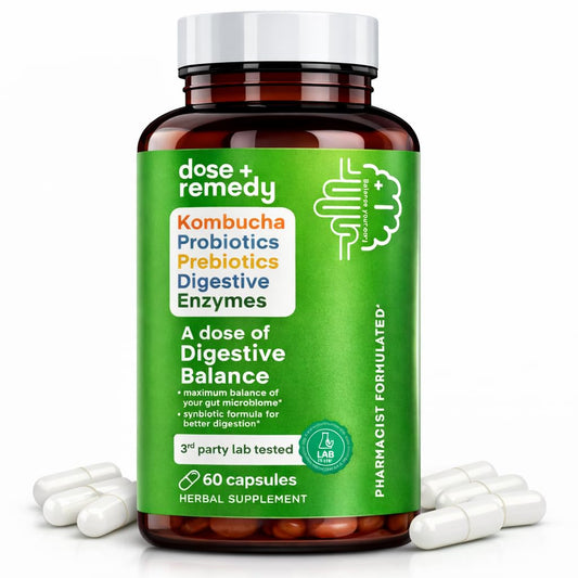 A dose of Digestive Balance-Gut Health Supplement-USDA-Kombucha, 7 Probiotic Strains and Prebiotics for Microbiome-Digestive Enzymes for Digestion dose + remedyUS supplements