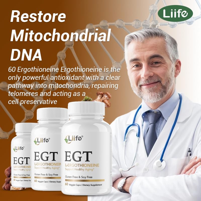 LIIFE L-Ergothioneine Supplement (EGT) 30mg,Compound Antioxidant Supplement (May Support Longevity and Healthy Aging) Promotes Skin Health，60 Capsules，Non-GMO, Gluten Free, Vegan Safe LIIFE Au supplements