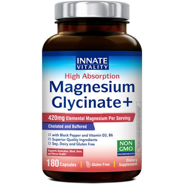 Innate Vitality Magnesium Glycinate Complex, 420mg Elemental Magnesium Per Serving, Enhanced Absorption, Black Pepper, Vitamin D3 & B6, Sleep Mood Bone Nerve Support, 180 Caps Innate Vitality Au supplements