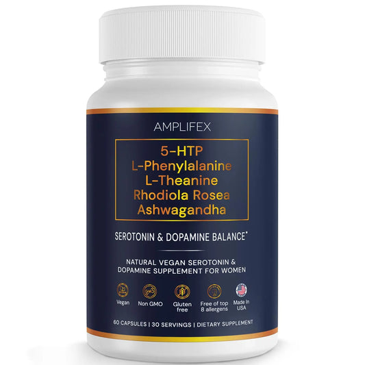 5-HTP Serotonin & Dopamine Support Complex with L-Theanine, L-Phenylalanine, Ashwagandha, Rhodiola B-Vitamins & Adaptogenic Herbal Blend – Mood & Stress Support for Women – Natural Vegan Non GMO AMPLIFEXAU supplements