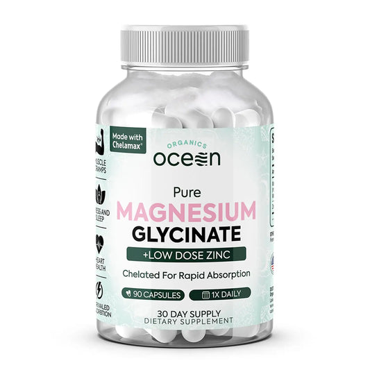 Organics Ocean Pure Magnesium Glycinate with Zinc - Maximum Strength Chelated Magnesium Supplement for Women and Men for Muscle Cramps and Sleep Support - 90 Capsule Organics OceanAu supplements