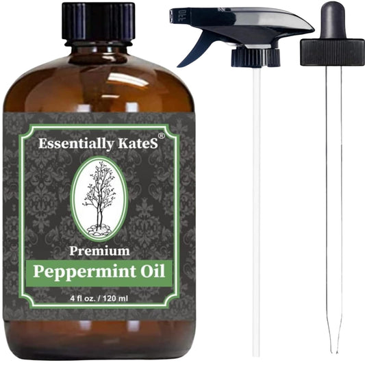 Peppermint Essential Oil 4 oz. with Huge Glass Bottle, Glass Dropper, and Sprayer. Detailed User's Guide E-Book Essentially KateSUS supplements