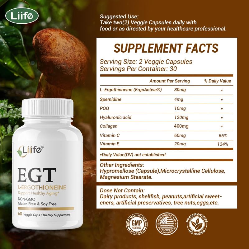 LIIFE L-Ergothioneine Supplement (EGT) 30mg,Compound Antioxidant Supplement (May Support Longevity and Healthy Aging) Promotes Skin Health，60 Capsules，Non-GMO, Gluten Free, Vegan Safe LIIFE Au supplements