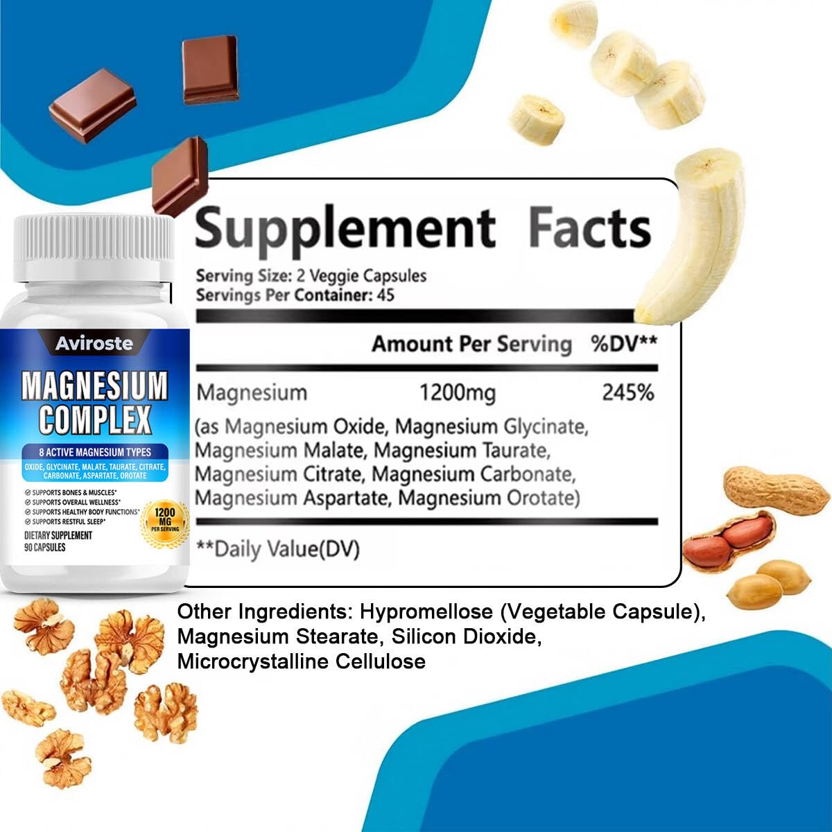 8 in 1 Magnesium Complex Supplement - 8 Elemental 1000mg - Magnesium Glycinate, Citrate, Malate, Taurate - High Absorption,for Muscle, Nerve & Sleep Support - 90 Capsules Aviroste Au supplements