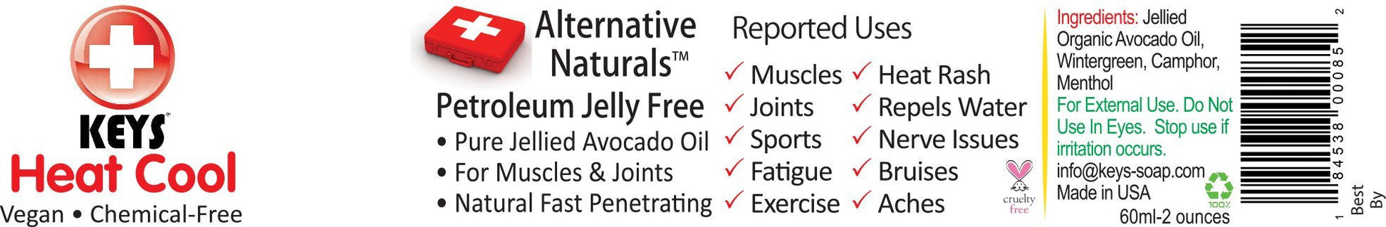 Keys Heat Cool Vegan, Chemical-Free, All Natural Therapy for Muscle Aches, Joints, and Sports Injuries made with Pure Organic Avocado Oil, Camphor, Menthol, and Wintergreen, No Petrolatum, 2 ounces Keys Au supplements