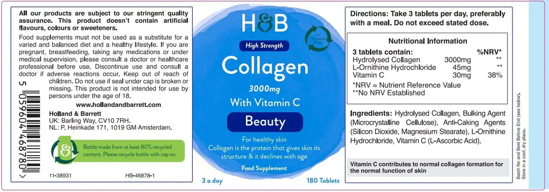 Holland & Barrett Bovine Collagen Tablet 3000mg - Type I Collagen Peptides - Hydrolysed Collagen with Vitamin C - Hair, Skin & Nails Holland & Barrett uk supplements