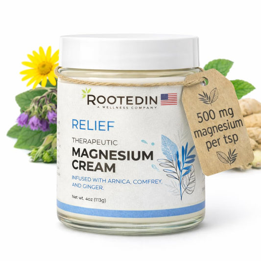 Rooted In Relief Magnesium Cream – 500mg Magnesium Chloride per Teaspoon – Enriched with Arnica, Comfrey & Botanical Blend – Targeted Muscle Support & Topical Relaxation – 4 oz Glass Jar Rooted InAU supplements