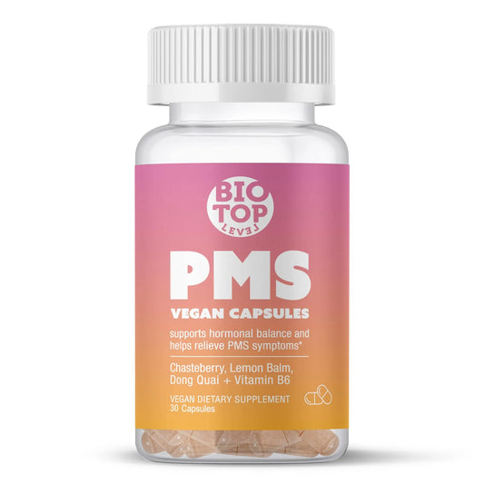 BIOTOPLEVEL PMS Support Supplement for Women & PMS Relief, Hormone Balance & Menstrual Period Relief for Cramps, Bloating & Mood Swings with Chasteberry, Vitamin B6, Lemon Balm, Dong Quai, 30 Count BIOTOPLEVELAU supplements