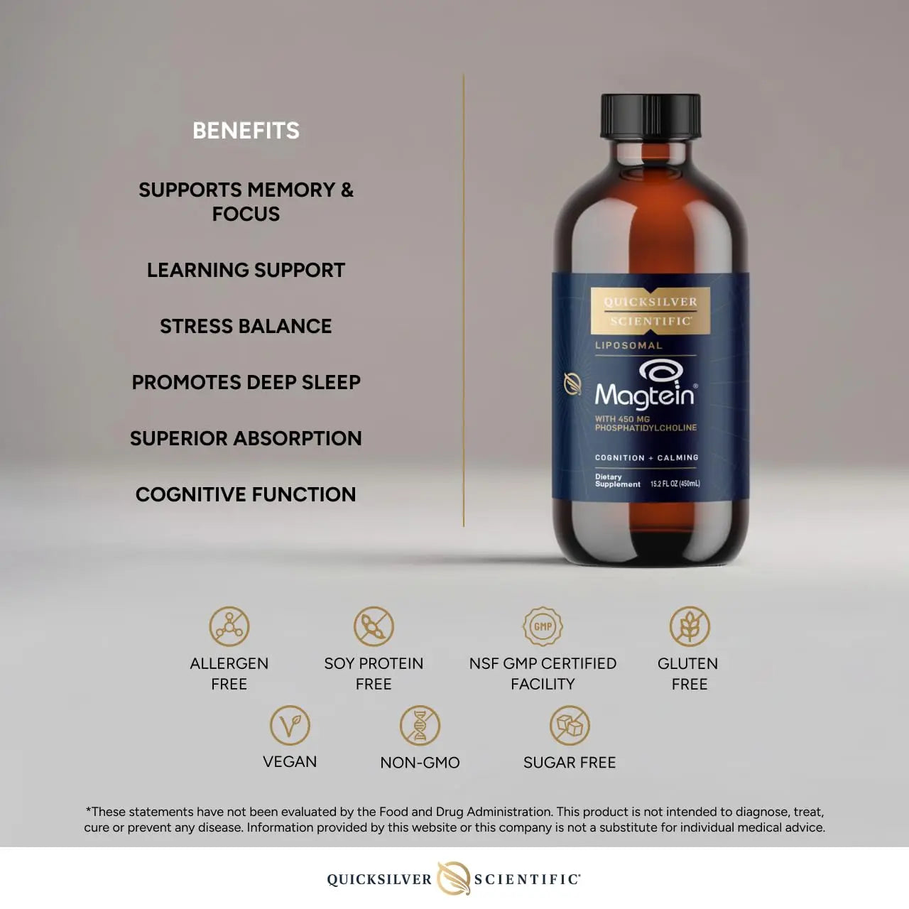 Quicksilver Scientific Liposomal Magtein - Magnesium Supplement for Brain Function Support - Stress, Sleep & Memory Support - Gluten-Free, Sugar-Free & Vegan - 15.2 fl oz (30 Servings) Quicksilver Scientific Au supplements