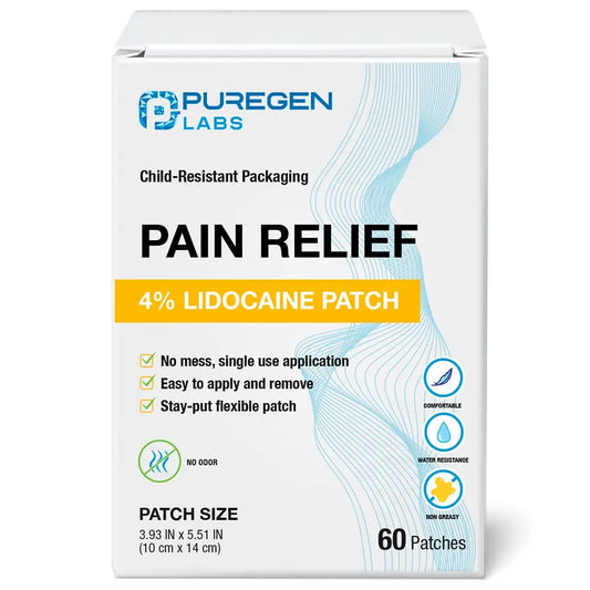 Puregen Labs Lidocaine 4% Numbing Patch - Total 60 Patches Maximum Strength | Fast Acting Temporary Relief of Aches | Back, Neck, Shoulders, Elbows and Knees P Puregen LabsAU supplements