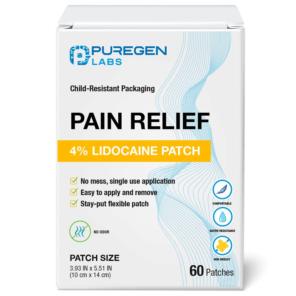 Puregen Labs Lidocaine 4% Numbing Patch - Total 60 Patches Maximum Strength | Fast Acting Temporary Relief of Aches | Back, Neck, Shoulders, Elbows and Knees P Puregen Labs Au supplements