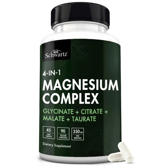BioSchwartz Magnesium Complex Supplement (90 Capsules) 350mg Magnesium Glycinate Citrate Malate and Taurate Per Serving for Healthy Nerves Muscles Heart Sleep Support (Vegan, Gluten-Free, Non-GMO) BioSchwartzAU supplements