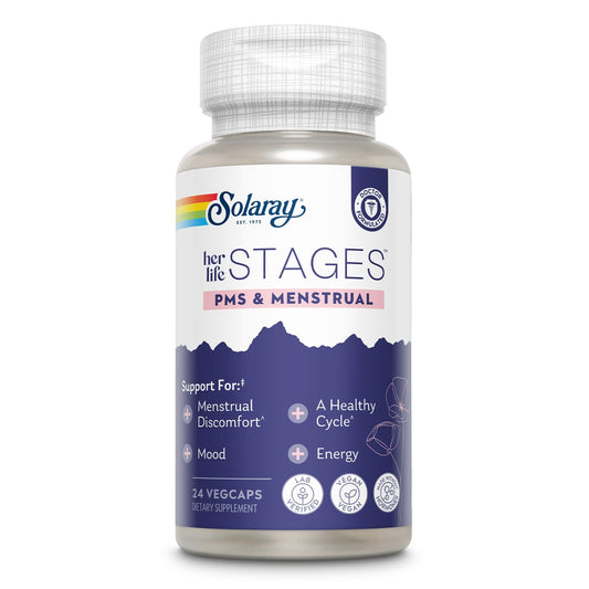 Solaray PMS & Menstrual her life STAGES - PMS Support Supplement for Women with Cramp Bark, Vitex Chasteberry - Made Without Hormones - 60-Day Guarantee - Vegan, Lab Verified - 24 Servings, 24 VegCaps SOLARAYAu supplements