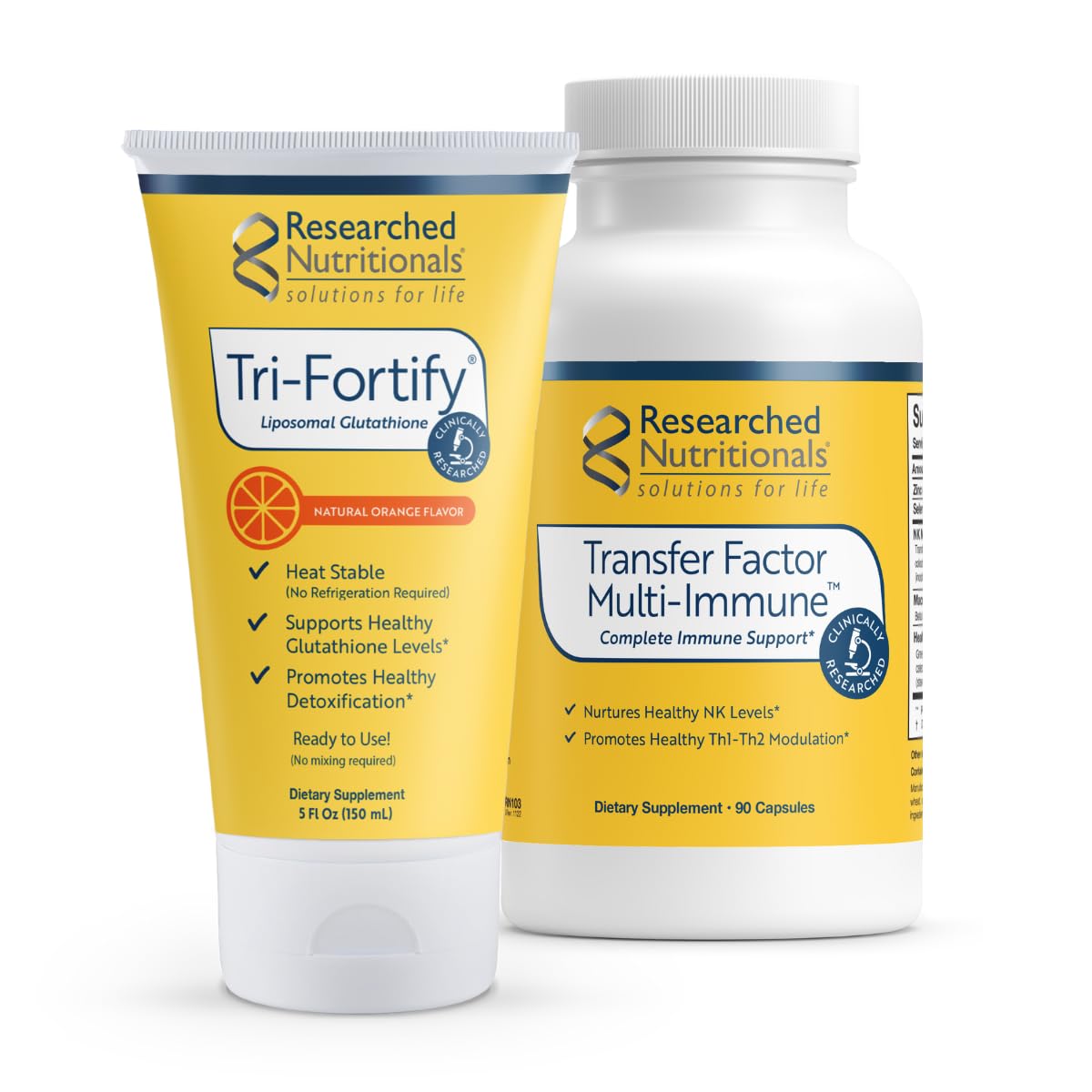 Researched Nutritionals Liposomal Glutathione (450mg) + Colostrum & Mushrooms Supplement for Immune Support - Enhanced Immunity Duo - Tri-Fortify Orange + Transfer Factor Multi-Immune (2 Piece Set) Researched Nutritionals Au supplements