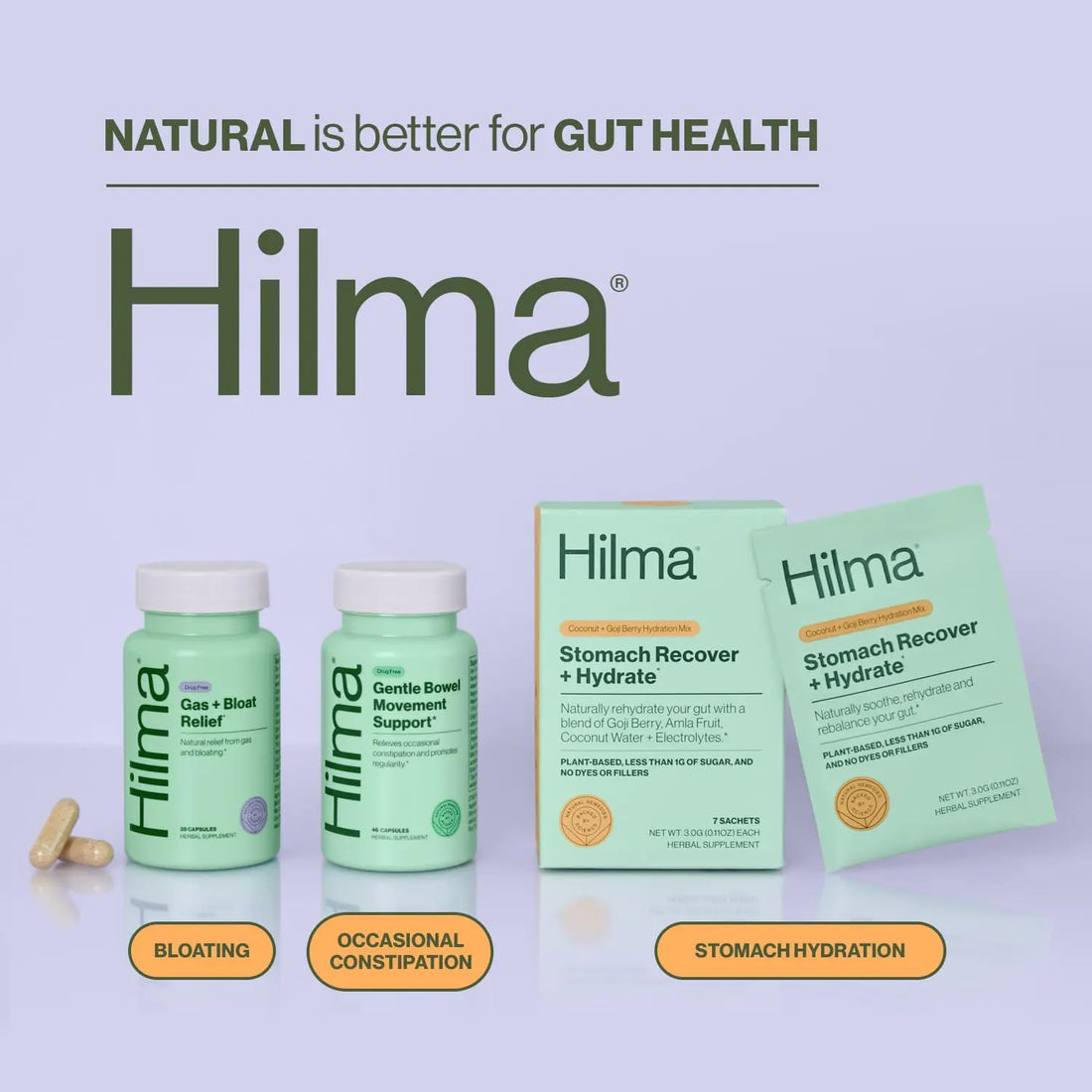 Hilma Natural Gas and Bloating Relief for Women, Doctor Formulated with Organic Ingredients, Lemon Balm, Fennel and Peppermint Leaf, 50 Vegan Capsules Hilma uk supplements