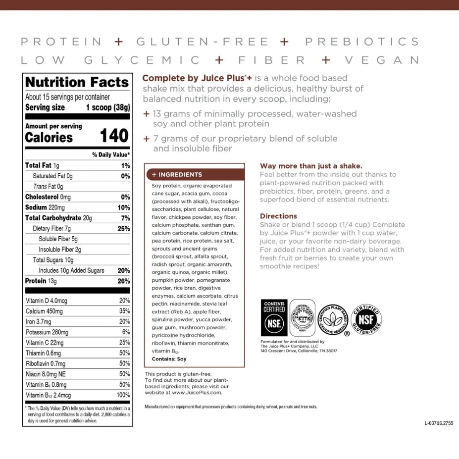 Complete by JuicePlus+ Dutch Chocolate Shakes - Plant-Based Nutrition - Whole Food Based Shake Powder with Protein, Fiber & Prebiotics - 30 Servings (2 Pouches, 15 Servings Each) Juice Plus+ Au supplements