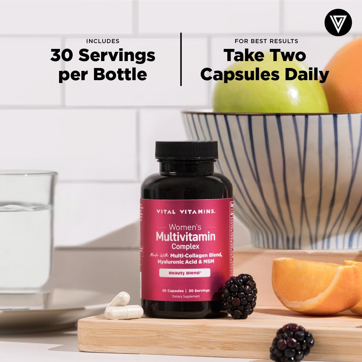 Vital Vitamins Women's Multivitamin Complex - Made with Multi-Collagen Blend, Hyaluronic Acid, & MSM - Beauty Multivitamins - with Vitamin A, C, E, B6, B12, D3-60 Capsules Vital Vitamins Au supplements