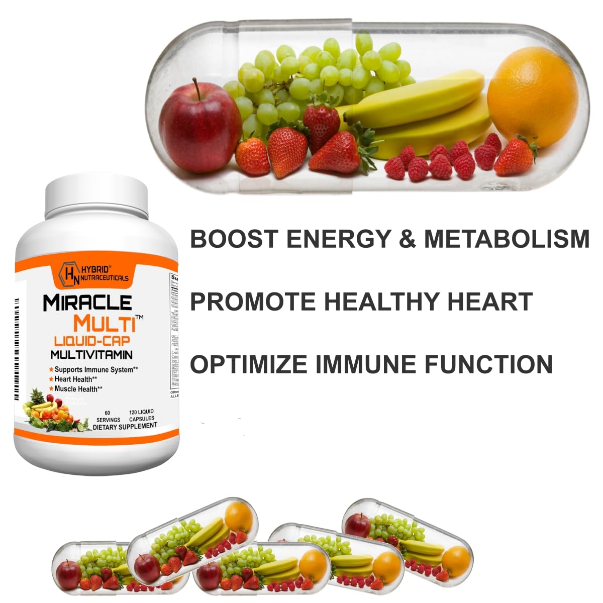 MiracleMulti Liquid Multivitamin Capsules for Men & Women - Complete Whole Food Blend Daily Vitamin & Mineral Supplement with CoQ10, B12, 42 Superfood Enzyme - 120 Softgels Hybrid Nutraceuticals Au supplements