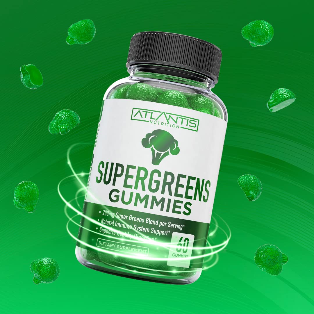 Atlantis Nutrition Supergreens Gummies - Daily Green Superfoods Supplement with Spinach, Broccoli, Moringa, Beet Root, Celery, Green Tea, & Acai for Immunity Support - Natural Raspberry Flavor, 60 cnt Atlantis Nutrition uk supplements