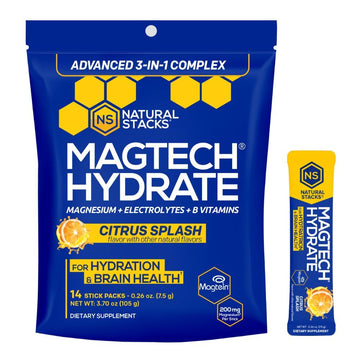 MagTech Magnesium Hydrate Packets - Sugar Free Hydration Powder - Magtein Magnesium L-Threonate, Glycinate & Taurate - 200mg Chelated Triple Complex - Supports Hydration & Brain Health* - 14 Servings NATURAL STACKS Au supplements