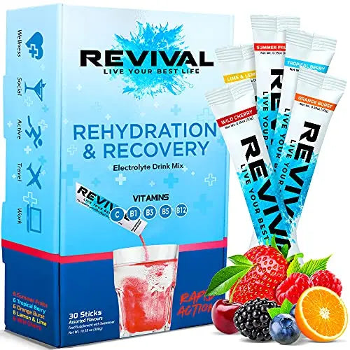 Revival Rapid Rehydration Electrolytes Powder - High Strength Vitamin C, B1, B3, B5, B12 Revival ShotsAU supplements