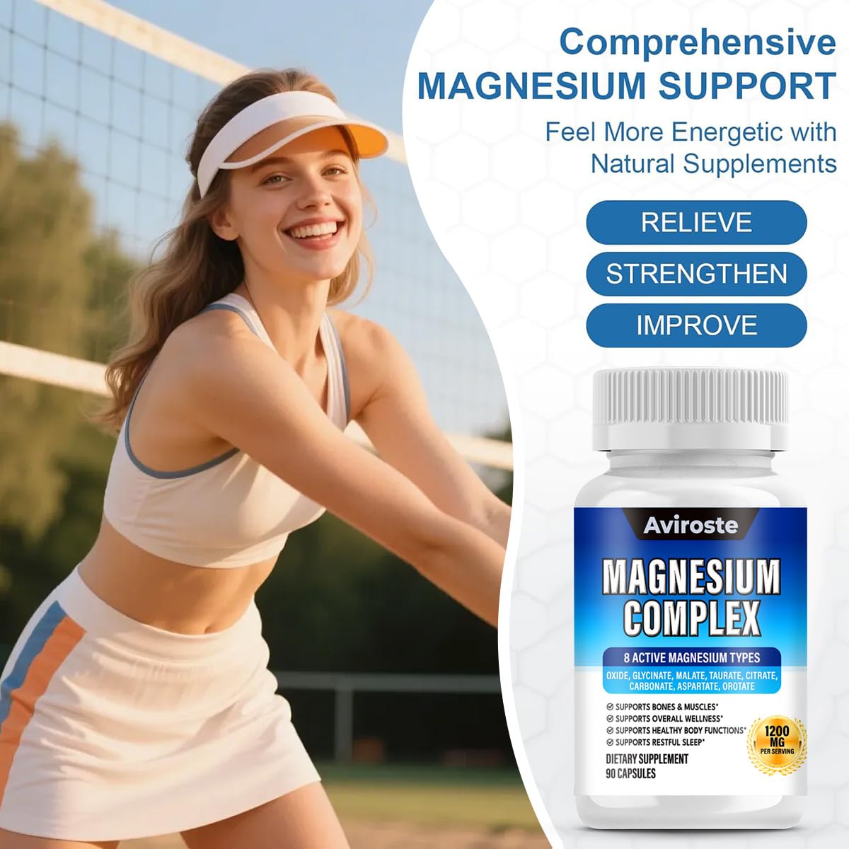 8 in 1 Magnesium Complex Supplement - 8 Elemental 1000mg - Magnesium Glycinate, Citrate, Malate, Taurate - High Absorption,for Muscle, Nerve & Sleep Support - 90 Capsules Aviroste Au supplements