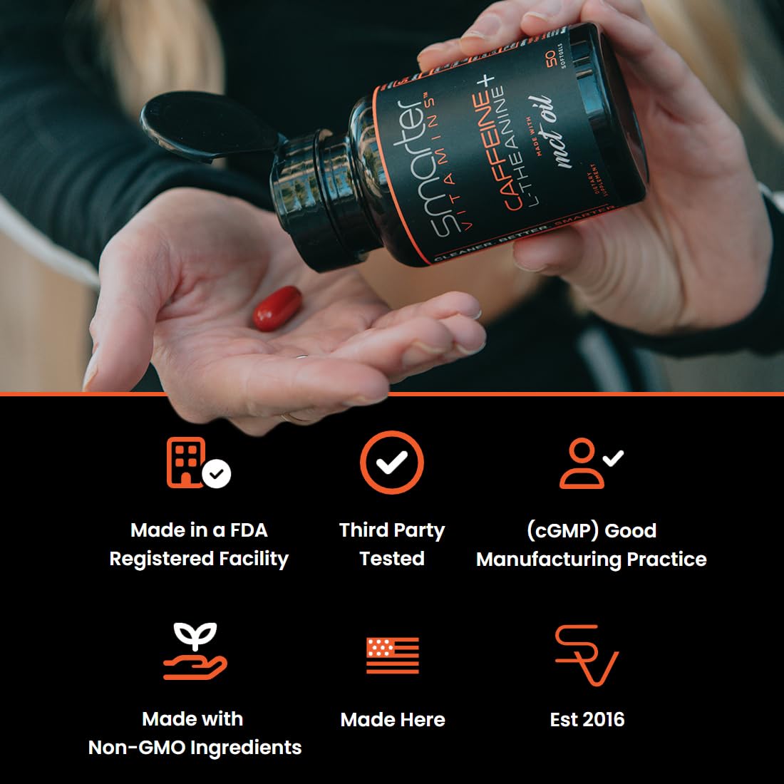 SmarterVitamins 200mg Caffeine Pills - MCT Oil from 100% Coconuts + 100mg L-Theanine, Energy and Focus, Extended Release Capsule, 50 Liquid Softgels SmarterVitamins Au supplements