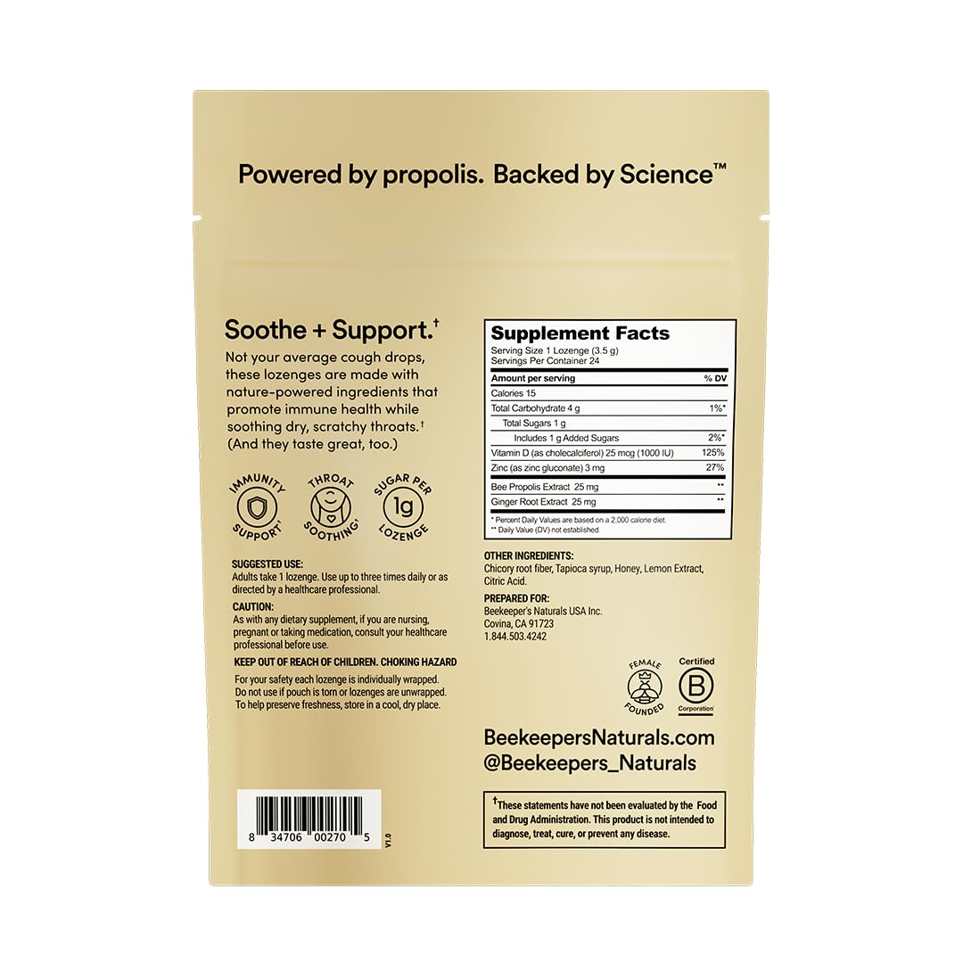 Beekeeper's Naturals Soothing Honey Ginger Lemon Cough Drops - Immune Support with Vitamin D, Zinc and Propolis Throat Soothing Lozenges, 24 Ct Beekeeper's Naturals buy supplements Au