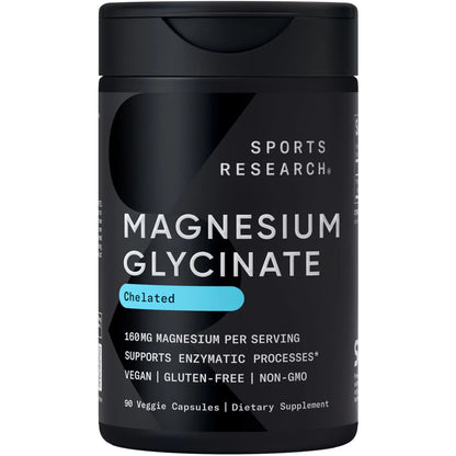 Sports Research® Magnesium Glycinate - Supports Restful Sleep & Enzymatic Processes - 160 mg Chelated Magnesium - Vegan Capsule - 90 Count Sports ResearchAU supplements