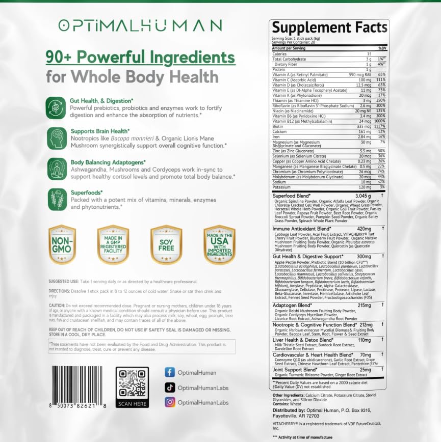 Optimal Human Superfood Greens Powder – 90+ Ingredient Blend with Lion’s Mane Supplement, Ashwagandha & Turmeric – Non-GMO, Soy-Free, Mushroom Supplements for Women – 20 Sachets O H Au supplements