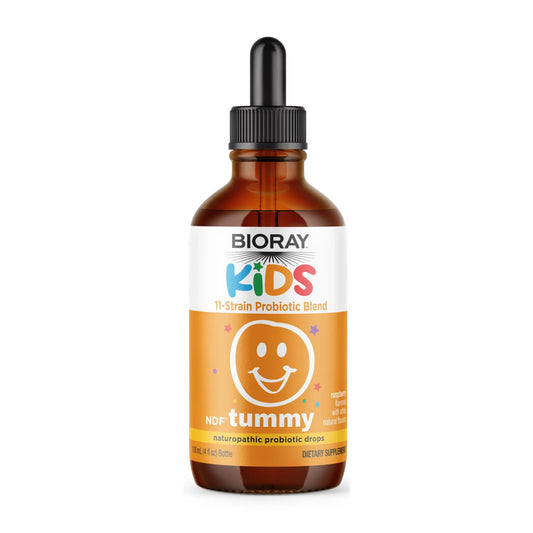 BIORAY Kids NDF Tummy, Raspberry - 4 fl oz (120 mL) - 11-Strain Probiotic Blend - Supports the Immune Response in the GI Tract - Non-GMO, Vegan, Gluten Free - Approx. 120 Servings BIORAYAU supplements