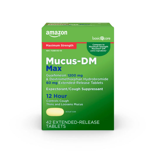 Amazon Basic Care Maximum Strength Mucus DM, Expectorant and Cough Suppressant Extended-Release Tablets, 42 Count Amazon Basic CareAu supplements